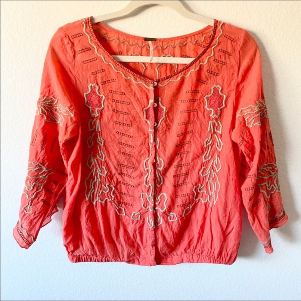 Free People Orange Embroidered Boho Button Blouse